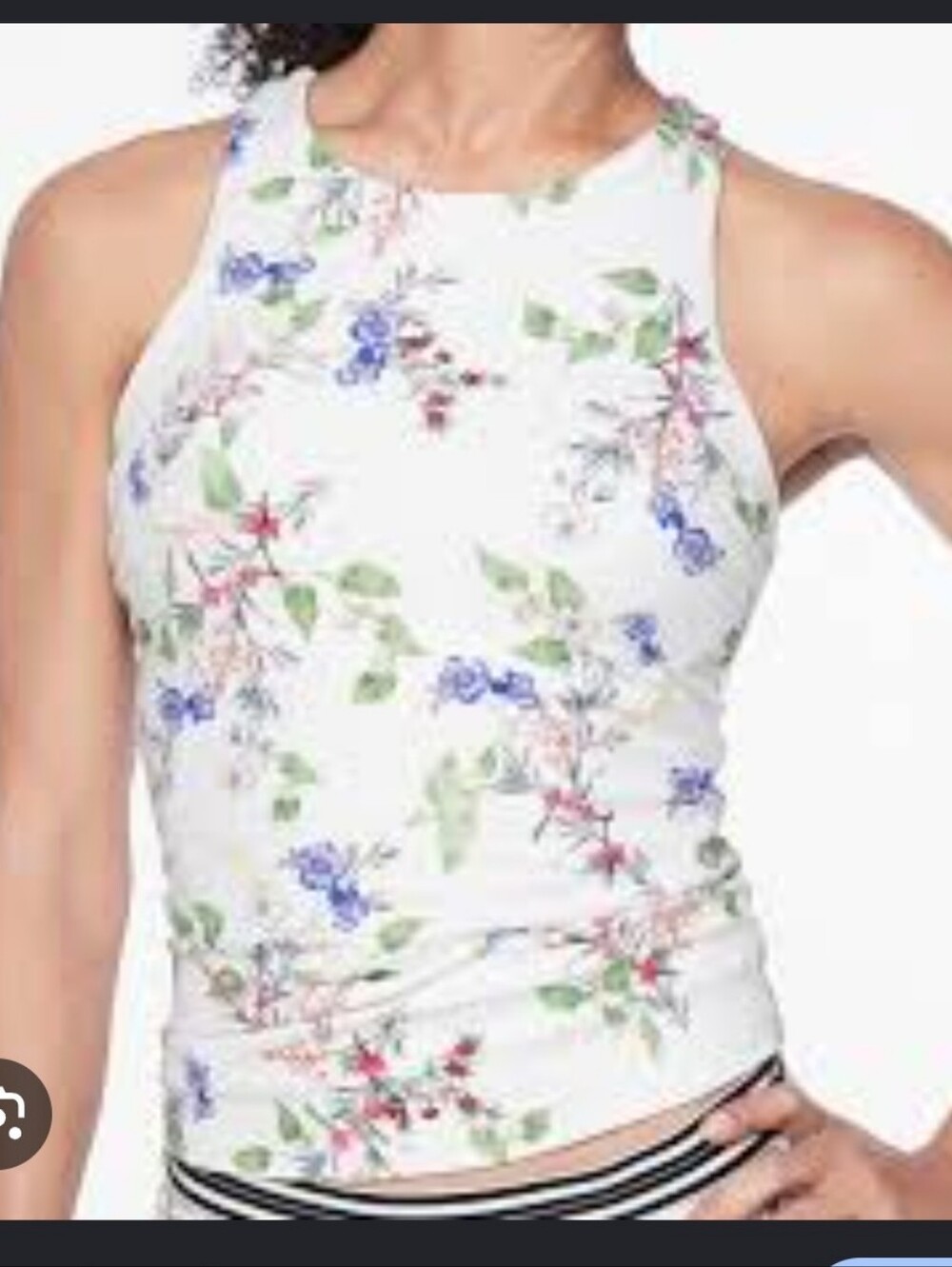 Athleta White Floral Halter Tank with Purple & Green Accents Swim Top